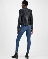 Cole Haan Women's Woven-Shoulder Zip-Front Leather Coat