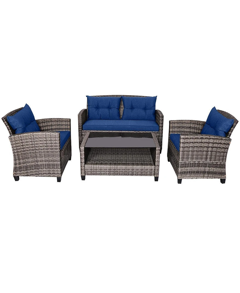 Slickblue 4 Pieces Patio Rattan Furniture Set Coffee Table Cushioned Sofa