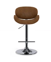 Simpli Home Marana Bentwood Adjustable Swivel Bar Stool in Deep Tan Pu Leather
