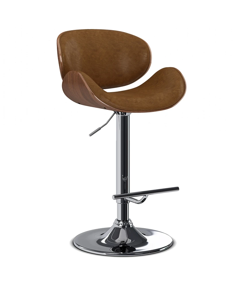 Simpli Home Marana Bentwood Adjustable Swivel Bar Stool in Deep Tan Pu Leather