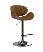 Simpli Home Marana Bentwood Adjustable Swivel Bar Stool in Deep Tan Pu Leather