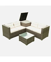 4 Piece Patio Sectional Wicker Rattan Outdoor Furniture Sofa Set With Storage Box