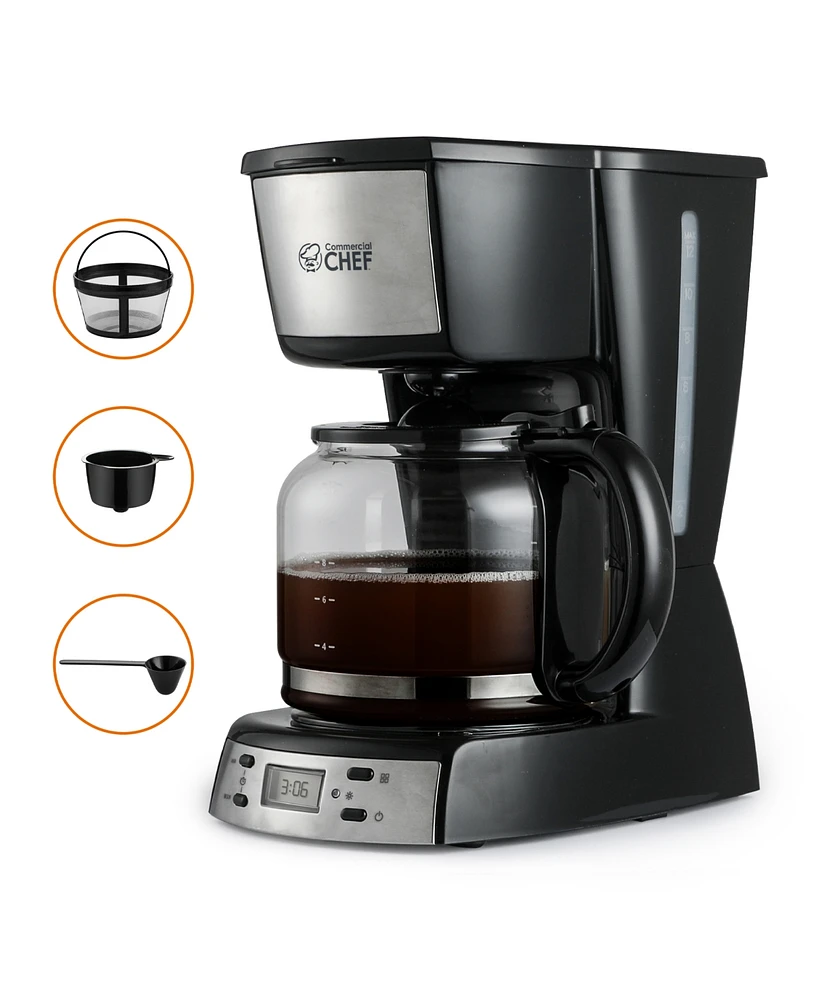 Commercial Chef Coffee Maker with Nylon Coffee Filter, Digital 12 Cup Coffee Maker with Glass Pot and Handle, Programmable Coffee Maker with Lcd Displ