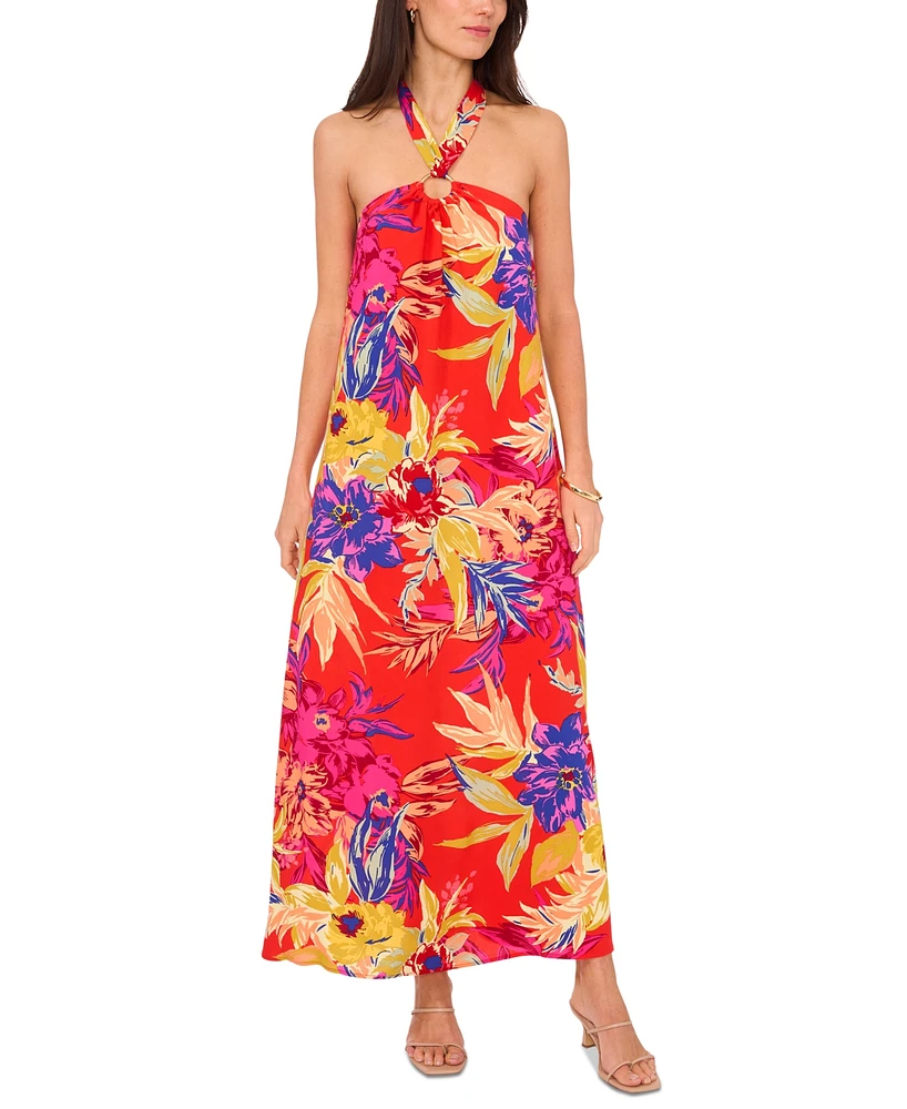 Msk Women's Floral Halter O-Ring Tie-Back Maxi Dress