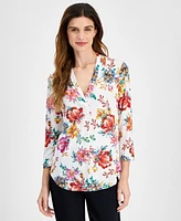 Jm Collection Women's Printed V-Neck Top, Created for Macy's