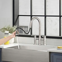 Streamdale Furniture Double Handle Bridge Kitchen Faucet With Pull-Down Spray Head