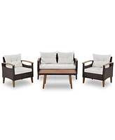 4-Piece Garden Furniture, Patio Seating Set, Pe Rattan Outdoor Sofa Set, Wood Table And Legs