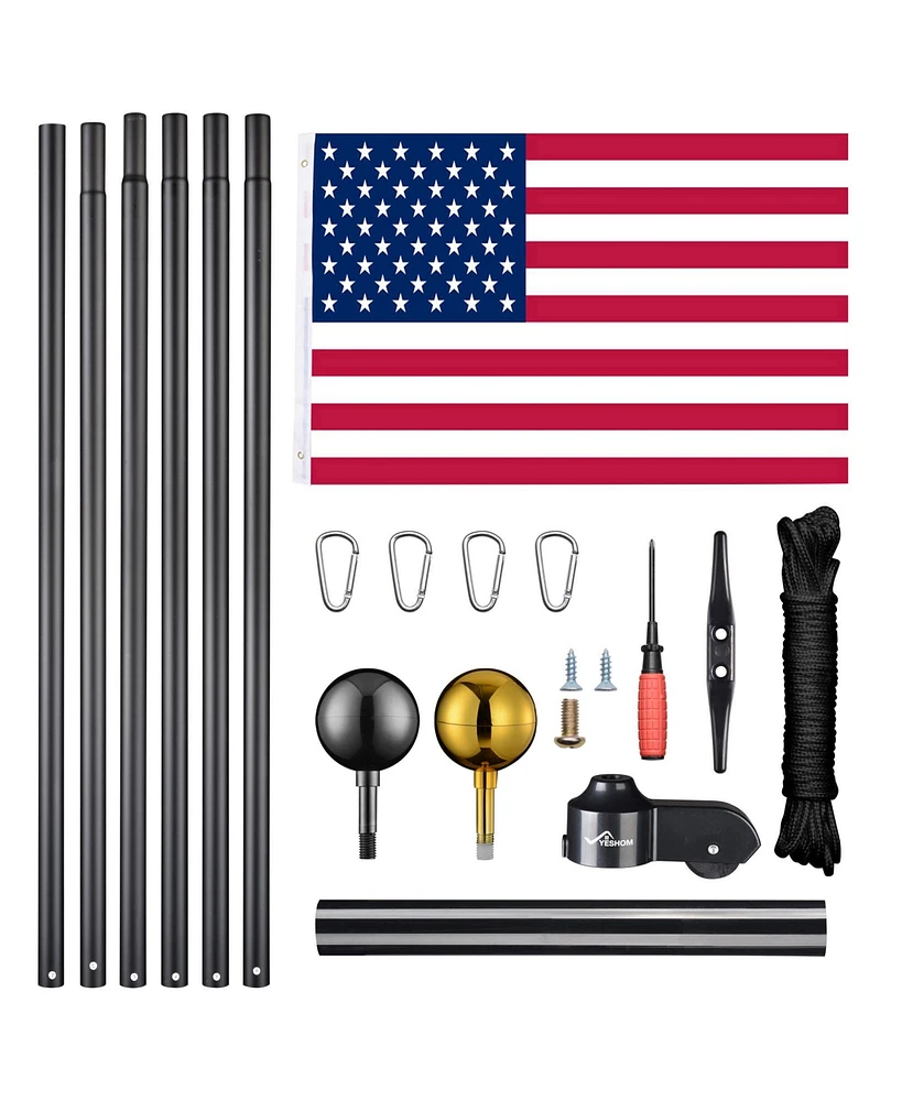 Yescom Bravery 30Ft Sectional Flag Pole Kit Aluminum Outside Inground Yard Garden with 3'x5' Usa Flag Ball Top Black