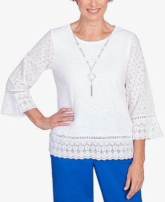 Alfred Dunner Women's Tradewinds Eyelet Trim with Necklace Flutter Sleeve Top