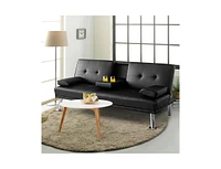 Slickblue Convertible Folding Leather Futon Sofa with Cup Holders and Armrests