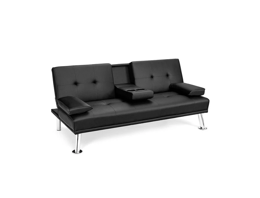 Slickblue Convertible Folding Leather Futon Sofa with Cup Holders and Armrests