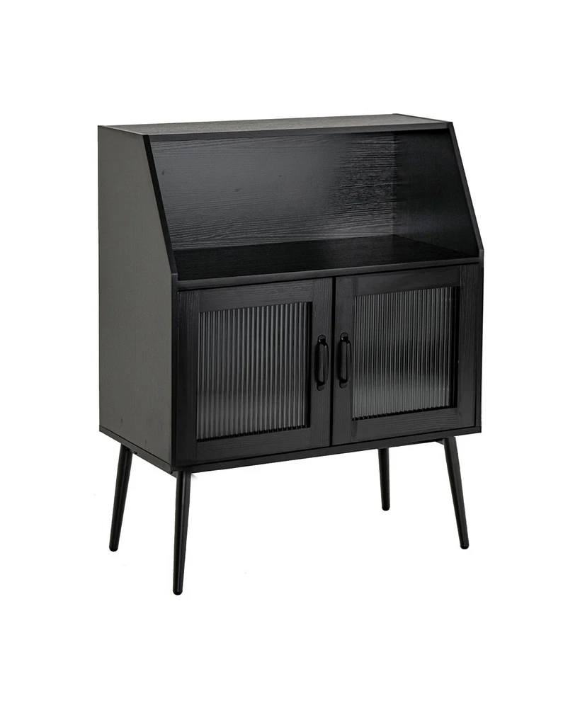 Slickblue Kitchen Sideboard Buffet with Open Cubby and 2 Glass Doors-Black