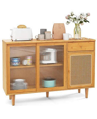Slickblue Modern Bamboo Buffet Sideboard Cabinet with Tempered Glass Sliding Doors-Natural