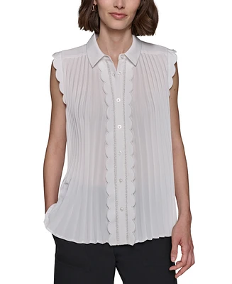 Karl Lagerfeld Paris Women's Scalloped Pleated Button-Down Top