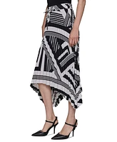 Karl Lagerfeld Paris Women's Printed Pleated Pull-On Asymmetrical-Hem Midi Skirt