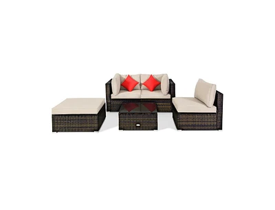 Slickblue 5 Pieces Outdoor Patio Rattan Furniture Set Sectional Conversation with Cushions