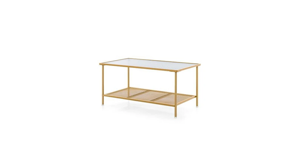 Slickblue 2-Tier Coffee Table with Shelf Center Tea Table with Tempered Glass Top-Golden