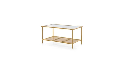 Slickblue 2-Tier Coffee Table with Shelf Center Tea Table with Tempered Glass Top-Golden