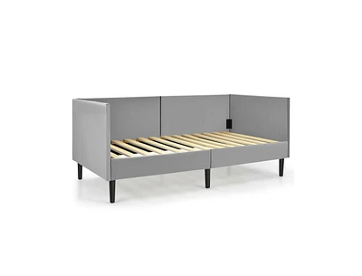 Slickblue Size Daybed Frame with Sturdy Wooden Slat Support-Grey