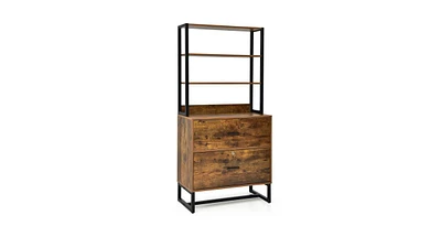 Slickblue Letter Size Lateral File Cabinet with Lock and Bookshelf-Rustic Brown