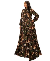 L I V D Plus Camo Bella Donna Dress with Ribbon and Puffed Out Sleeves