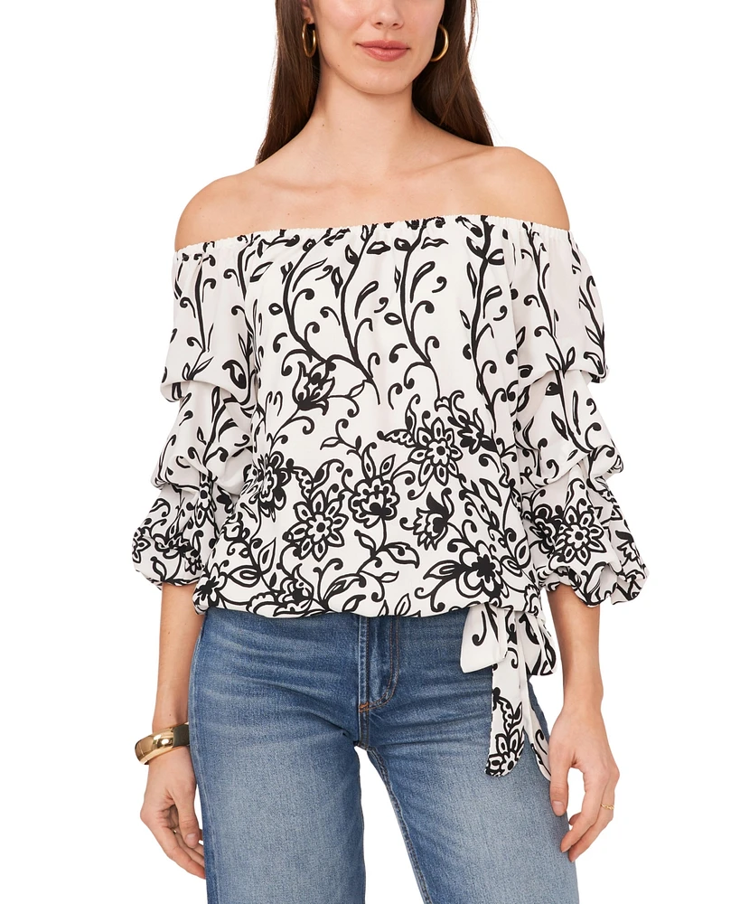 Vince Camuto Women's Floral Off The Shoulder Bubble Sleeve Tie Front Blouse