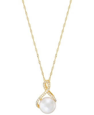 Honora Cultured Freshwater Pearl (8mm) & Diamond (1/10 ct. t.w.) Ribbon 18" Pendant Necklace in 14k Gold