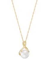 Honora Cultured Freshwater Pearl (8mm) & Diamond (1/10 ct. t.w.) Ribbon 18" Pendant Necklace in 14k Gold