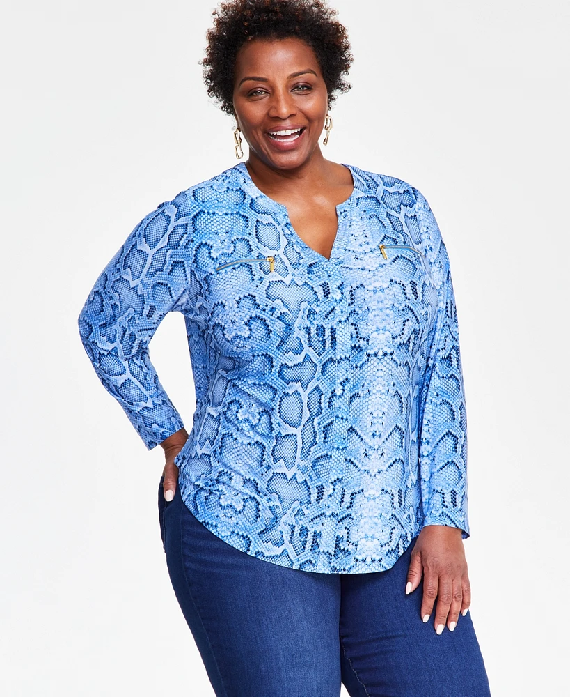 I.n.c. International Concepts Plus Printed Zip-Detail Top, Created for Macy's