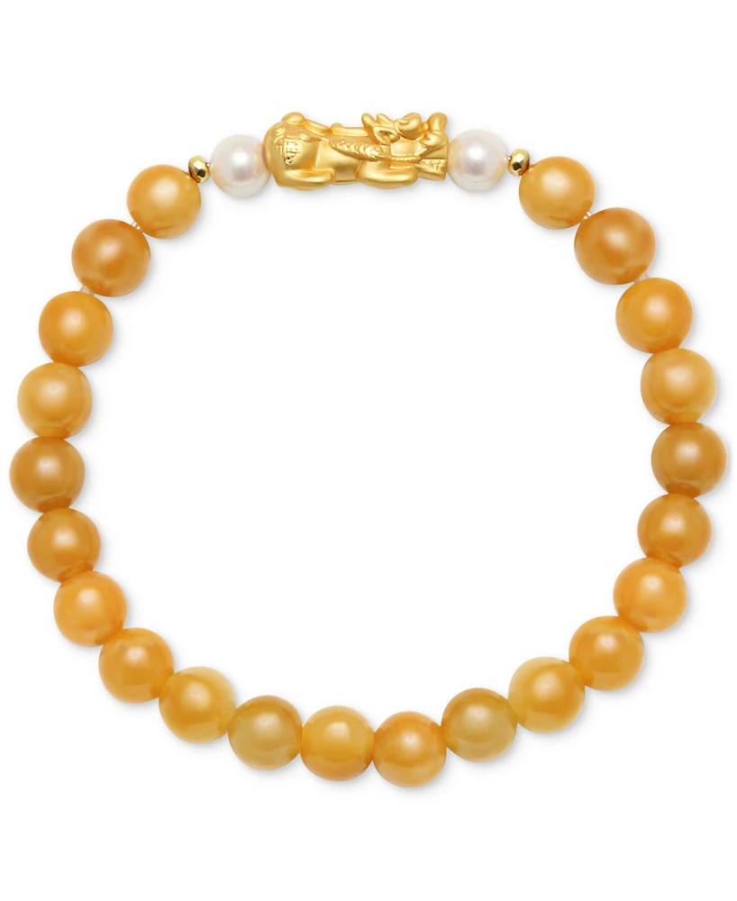 Dyed Jade (8mm) & Cultured Freshwater Pearl (6mm) Pixhu Stretch Bracelet in 14k Gold-Plated Sterling Silver