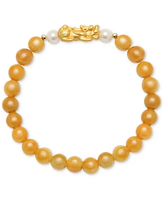 Dyed Jade (8mm) & Cultured Freshwater Pearl (6mm) Pixhu Stretch Bracelet 14k Gold-Plated Sterling Silver