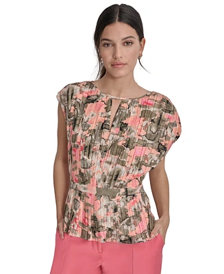 Dkny Women's Printed Crewneck Pleated Blouse