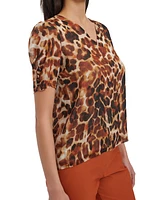 Calvin Klein Petite Animal Print Puff-Sleeve Blouse