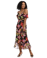 London Times Petite Floral-Print Cold-Shoulder Maxi Dress