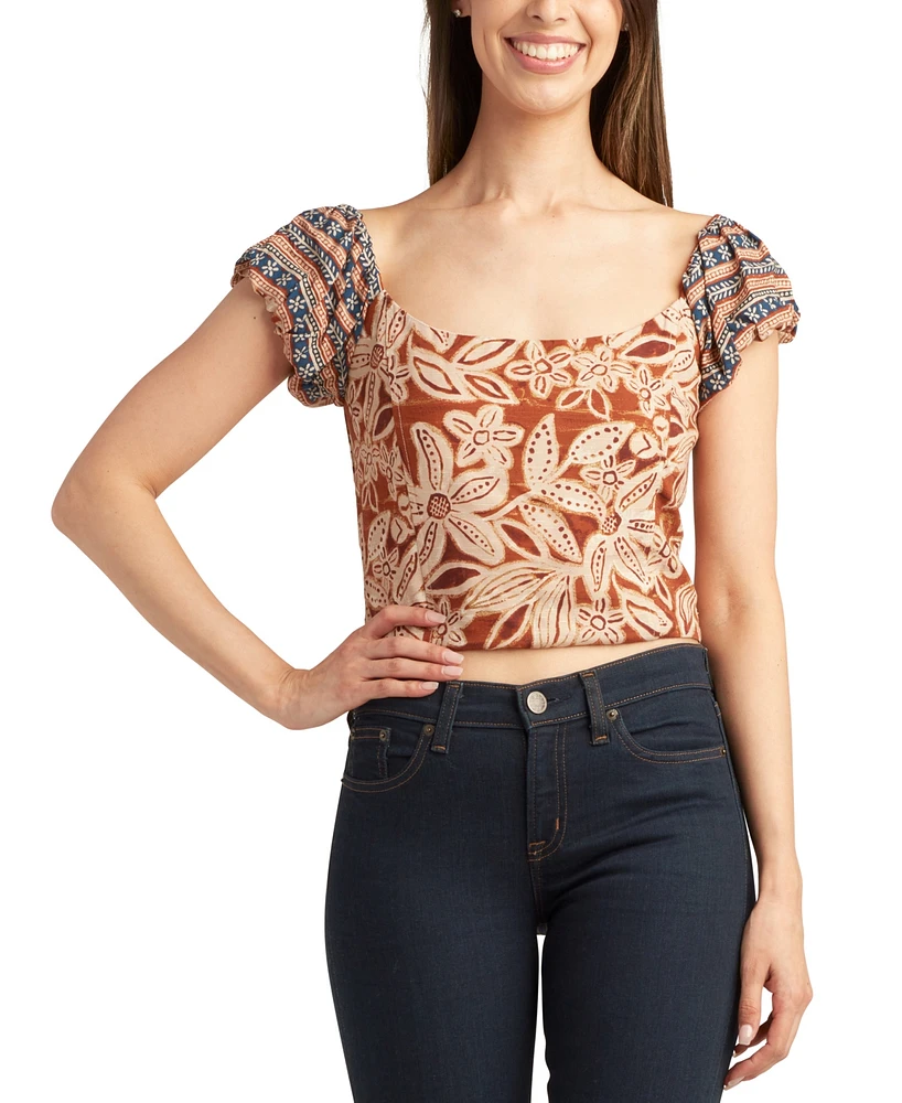 Bcx Juniors' Printed Square-Neck Puff-Sleeve Top