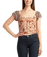 Bcx Juniors' Printed Square-Neck Puff-Sleeve Top