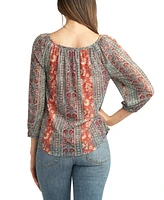 Bcx Juniors' Printed Tie-Neck Bubble-Sleeve Peasant Top