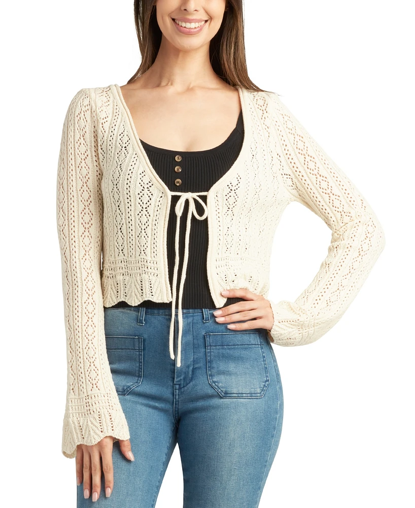 Bcx Juniors' Bell-Sleeve Crocheted Tie-Front Cardigan