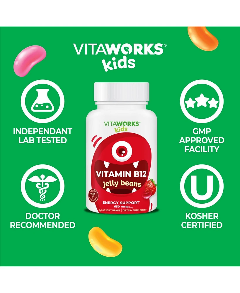 VitaWorks Vitamin B12 650 mcg for Kids Jelly Beans - Energy, Mood, And Metabolism - Tasty Natural Berry Blast Flavor - 60 Jellies