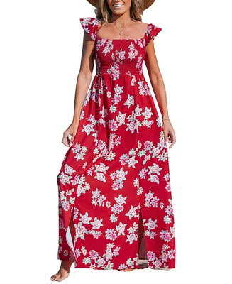 Cupshe Women's Red Floral Off-Shoulder Flutter Sleeve Maxi Beach Dress