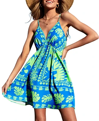 Cupshe Women's Blue-and-Green Tropical Sweetheart Mini Beach Dress