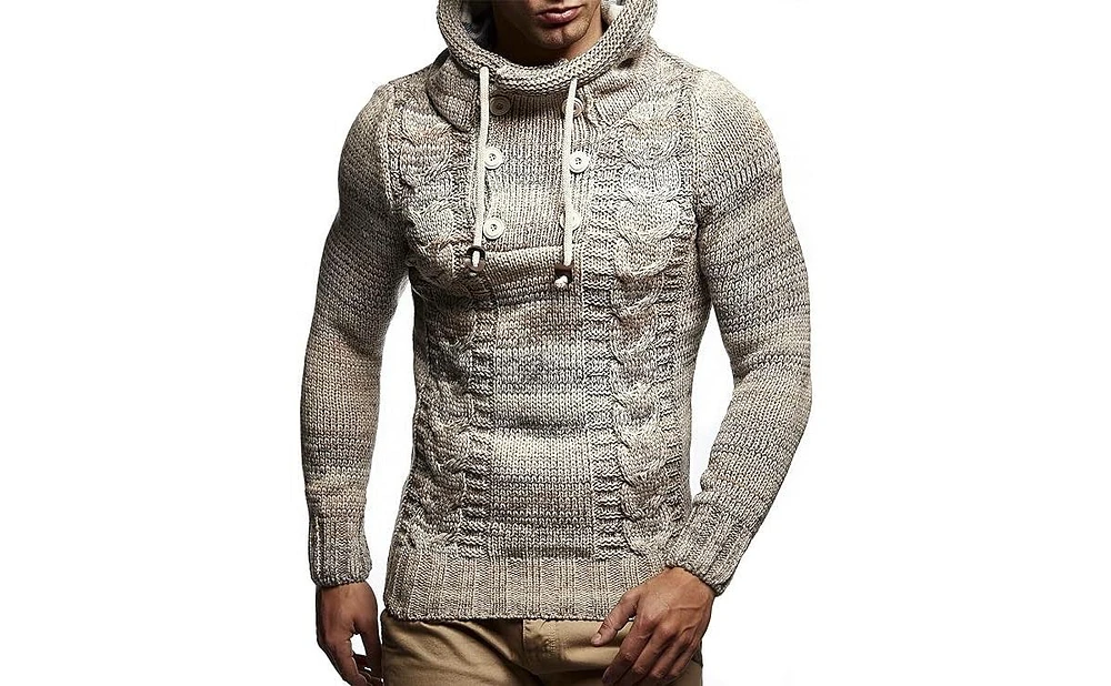 Leif Nelson Men's Knit Hoodie Sweater with Button Accents – Cable Design