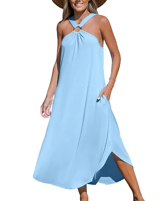 Cupshe Women's Light Blue High Neck Sleeveless Maxi Beach Dress