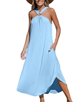 Cupshe Women's Light Blue High Neck Sleeveless Maxi Beach Dress