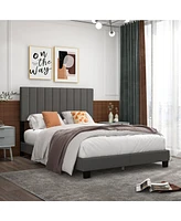 Queen Size Upholstered Bed Frame with Vertical Channel Tufted Headboard Grey