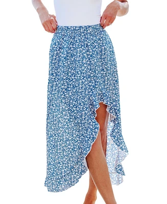 Cupshe Women's Blue Ditsy Asymmetrical Ruffle Hem Midi Skirt