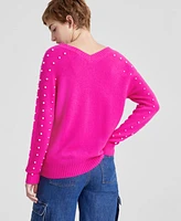 Charter Club Women's Cashmere Faux-Pearl Double V-Neck Sweater, Created for Macy's