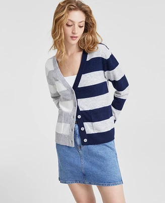 Charter Club Women's 100% Cashmere Colorblock Stripe V-Neck Cardigan, Created for Macy's