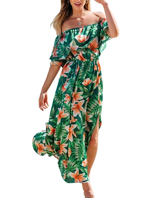 Cupshe Women's Green & Orange Tropical Off-Shoulder Flounce Bodice Maxi Beach Dress