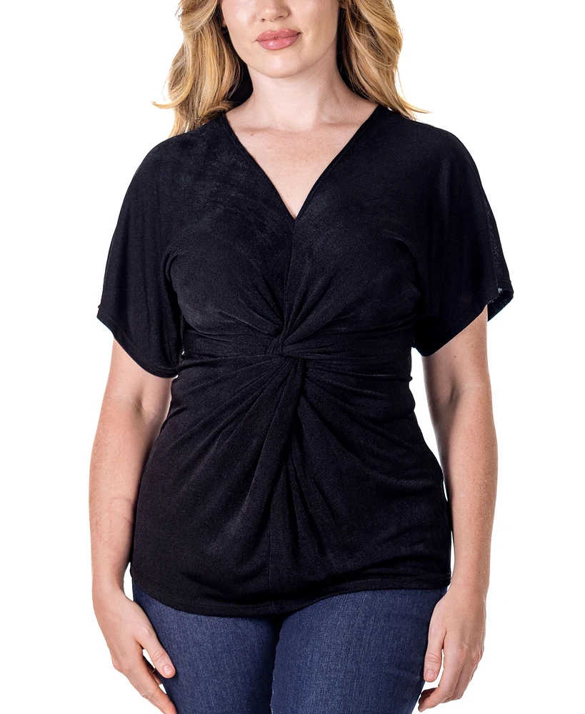 24seven Comfort Apparel V Neck Knot Front Kimono Sleeve Top